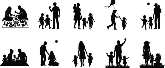 Family silhouettes, parents with children, outdoor activities, picnic, kite flying, playing ball, bonding moments, parenting, childhood, togetherness, leisure, happiness