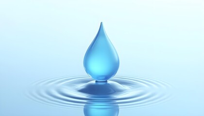 Clear Blue Water Drop Creates Circular Ripples on Light Blue Surface