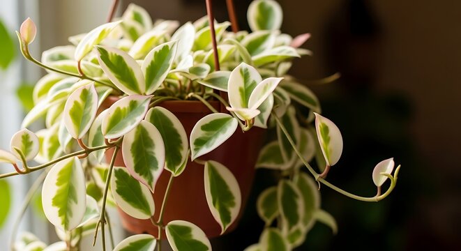 Delicate hoya carnosa variegata hanging plant revealing intricate leaf patterns