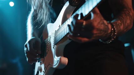 Guitarist delivering an electrifying performance on stage during a live music event, Close up guitarist playing live on stage at music event - Powered by Adobe