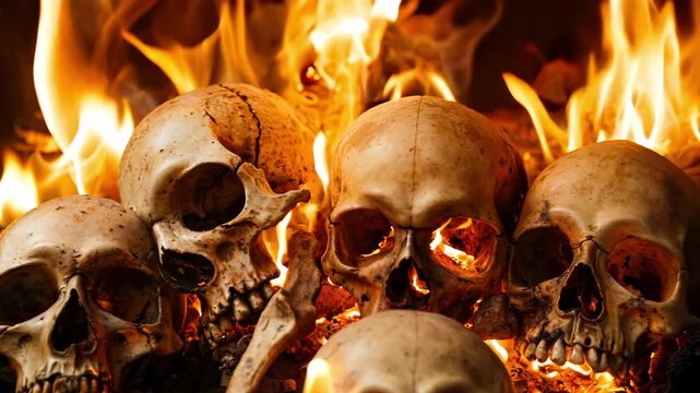 A group of skulls sitting in front of a fire