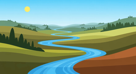 Winding River Flowing Through Lush Green Valley Landscape.