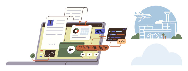 Laptop displaying text editor, media player, graph, code snippets, and files for content creation. Airplane over airport. Ideal for web development, digital learning, travel coding multitasking