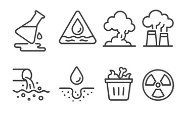 Fototapeta premium Pollution and hazard symbols: toxic waste, emissions, radioactive sign, water contamination