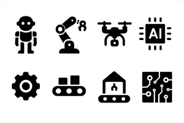 Robotics Icons Grid. Robotics. Filled icon set of robotics: humanoid robot, robotic arm, drone, AI chip, gear,
