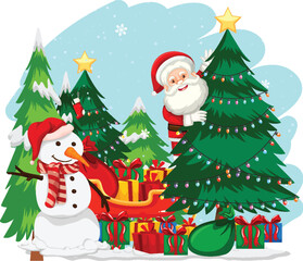 Santa behind Christmas tree illustration with gifts and festive joy