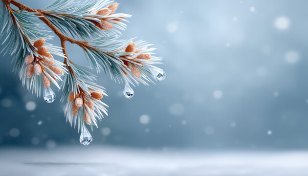 Winter pine branch with icy water droplets and soft snowfall creating peaceful cold scene - Powered by Adobe