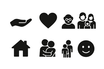 Family Support Icons. Family support. Filled icon set of family support: helping hand, heart, grandparents,