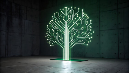 Glowing digital tree installation shaped by circuitry lines in dark minimal room symbolizing green technology, digital ecology and fusion of nature with modern innovation and design