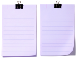 Two light-purple lined paper sheets, each fastened with a dark binder clip, subtly shadowed against a black background, showcasing a slightly curled bottom edge on the left sheet