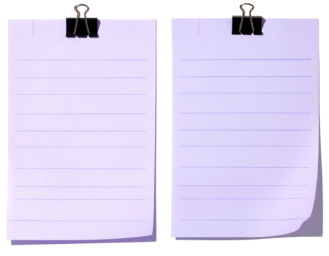 Two light-purple lined paper sheets, each fastened with a dark binder clip, subtly shadowed against a black background, showcasing a slightly curled bottom edge on the left sheet