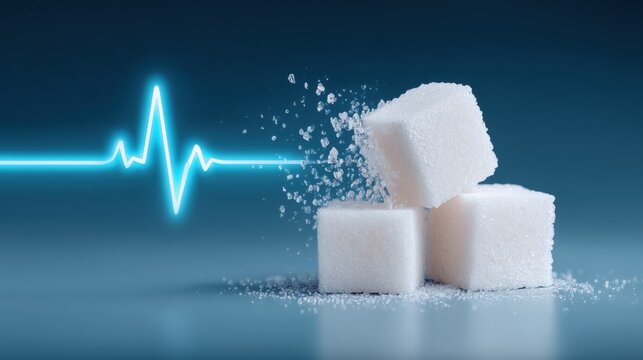 Sugar cubes with splashes and heartbeat line on blue background. Medical banner symbolizing diabetes, heart disease, nutrition risk, and healthcare awareness