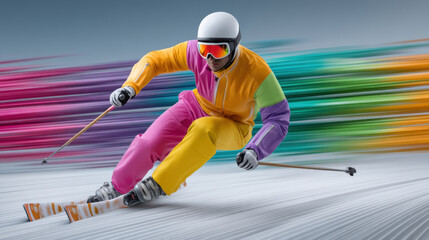 Obraz premium Colorful skier racing through winter slope with dynamic motion and joyful energy