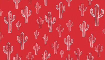 A repeating pattern features white cactus illustrations on a vibrant red background, evoking the arid landscapes of the desert