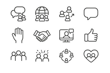 Obraz premium Connection Icons Set. Connection and Community. Line outline icon set of Connection and Community: group chat,