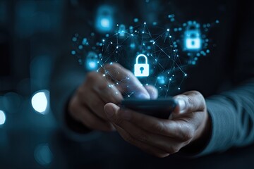 Fototapeta premium Close-up of hands holding a phone, with a network of security lock icons overlaying the screen