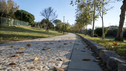 Low-angle view of a stone park path covered with autumn leaves and lined with trees under soft daylight, ideal for seasonal backgrounds and nature-related outdoor visuals