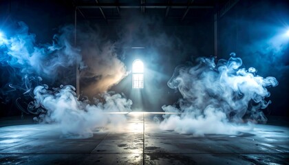 A mystical interior is illuminated with bright light streaming through a window, encircled by voluminous vapor, bathed in blue and black hues