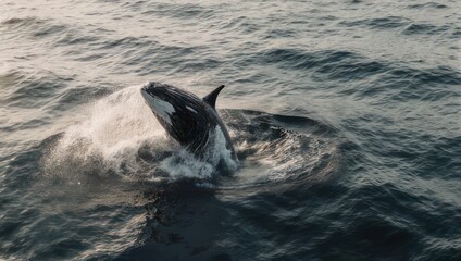 Fototapeta premium Majestic orca whale breaches dramatically from dark ocean waves creating an awe inspiring spectacle of nature's power and beauty
