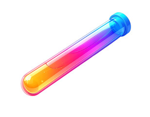 A vibrant, gradient-filled test tube, angled, shows a colorful liquid transitioning from yellow-orange to pink-purple.  The glass is transparent with a slightly darker blue cap