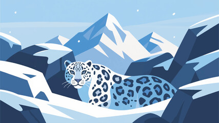 Illustration Of A Snow Leopard Hiding In Snowy Rocks With A Towering Mountain Backdrop Vector Design Template © BedRoses