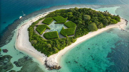Tropical island surrounded by turquoise water with a green recycling symbol made of trees, conceptually visualizing sustainable development, environmental protection and renewable ecosystem design