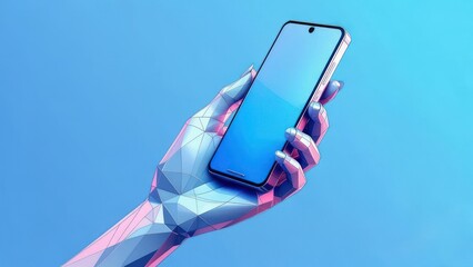 Futuristic polygonal hand elegantly holds modern smartphone, showcasing digital innovation and advanced technology against a vibrant blue backdrop.