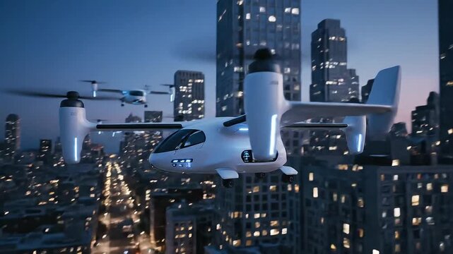 Futuristic eVTOL aircraft flying over a modern city at dusk.