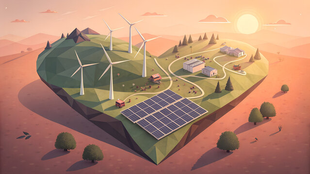 Low-poly isometric landscape with wind turbines and solar panels at sunrise visualizing renewable energy and green technology, ideal for sustainability, eco design and climate concepts
