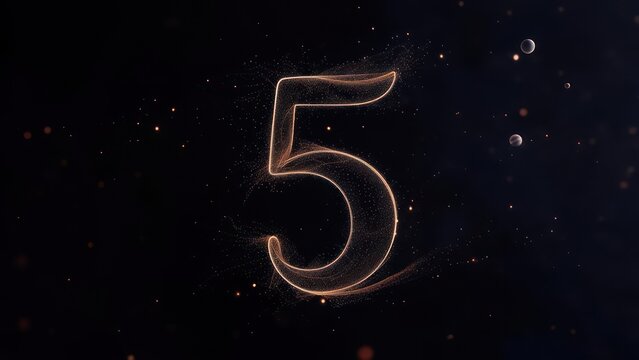 Stunning glowing number 5 design with cosmic particles, perfect for countdowns, celebrations, or futuristic concepts.