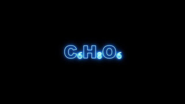 Blue Neon Chemical Formula C6 H8 O6 on Black Background C6H8O6 glucose