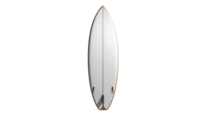 White surfboard with a subtle wood-grain outline, fins, and a pointed nose