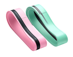 Obraz premium Two curved, pastel-colored bands with a central black stripe, possibly made of a soft, flexible material. One is pink, the other mint green.