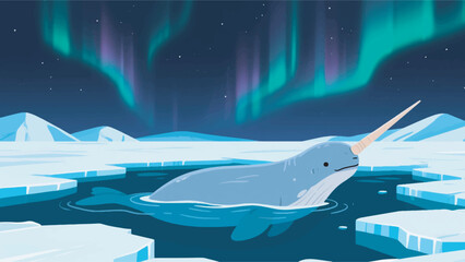 Illustration Of Narwhal Swimming In The Arctic Ocean Thick Ice On The Surface With Aurora In The Sky Vector Design Template © BedRoses