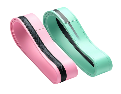 Two curved, pastel-colored bands with a central black stripe, possibly made of a soft, flexible material.  One is pink, the other mint green.