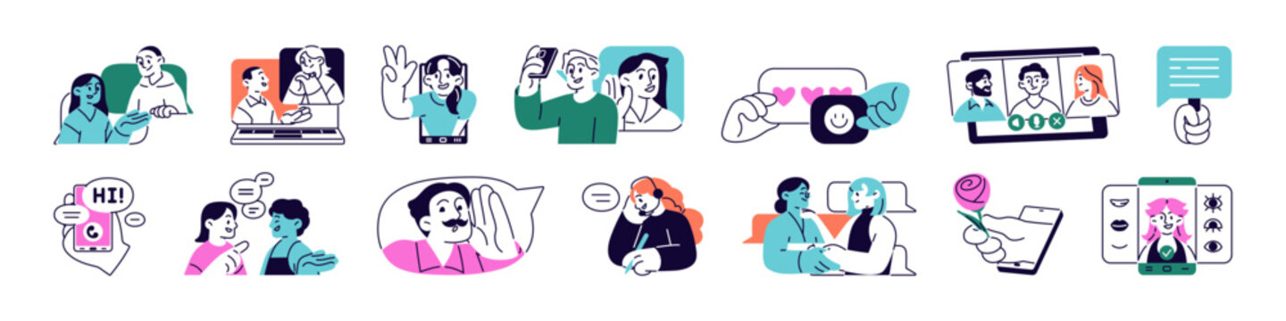 Let's talk concept set. Communication of people by texting, phone and video calls. Men and women are greeting, conversing by online chat and smartphones. Flat isolated vector illustrations on white