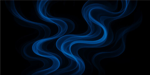Abstract blue smoke waves with flowing light and motion against a black background creating a smooth colorful art design and texture