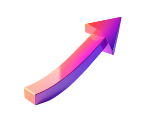 A vibrant, curved, 3D arrow pointing upward, rendered in shades of pink and purple with a glossy finish