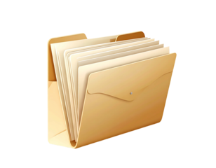 Tan manila folder, slightly angled, containing multiple off-white sheets of paper, realistically rendered