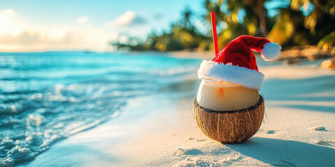 Coconut drink wearing Santa hat with red straw on white sandy beach against turquoise ocean background, symbol of tropical Christmas holiday vacation concept, daylight, copy space