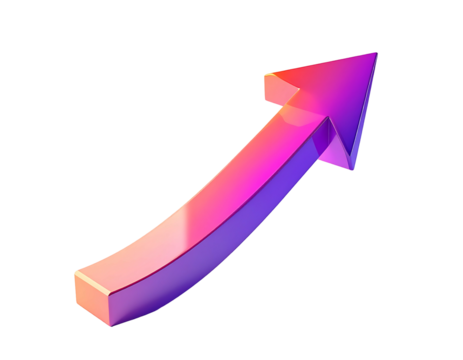 A vibrant, curved, 3D arrow pointing upward, rendered in shades of pink and purple with a glossy finish