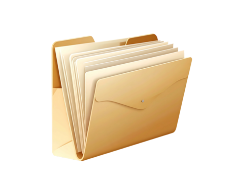 Tan manila folder, slightly angled, containing multiple off-white sheets of paper, realistically rendered