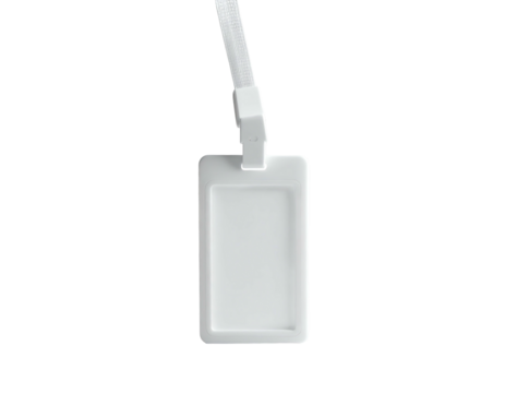 Blank white rectangular plastic ID tag with a white plastic lanyard attached at the top
