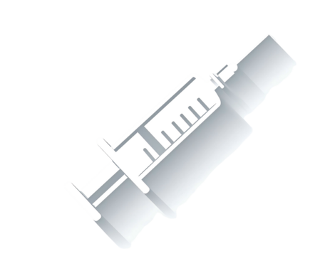 A grayscale illustration of a pre-filled syringe, angled, highlighting its plunger, needle, and attached vial