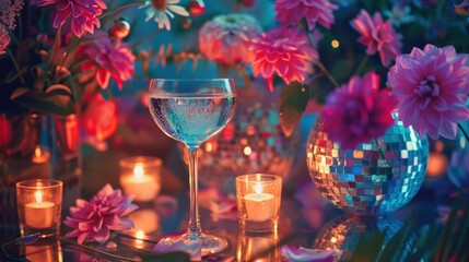 Sparkling party still life with cocktail glass flowers candles and confetti in vivid neon bokeh, festive celebration close up