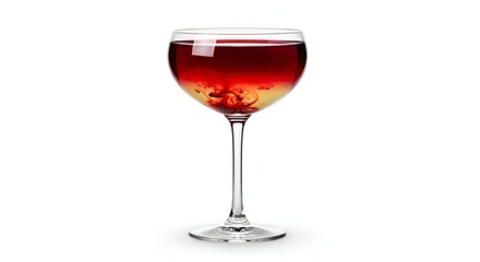A layered red cocktail in a coupe glass, showcasing a vibrant, festive drink perfect for celebrations and events