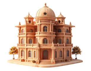 A 3D-rendered model of a grand, light-brown, multi-story mansion with a domed roof, numerous balconies, columns, and arched windows, set on a small base with stylized trees