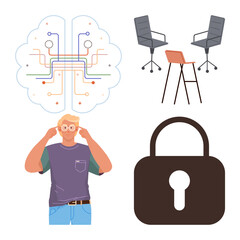 Brain circuit with connections, person thinking with glasses, chairs and table for collaboration, lock for cybersecurity. Ideal for teamwork, innovation, tech, security, creativity problem-solving