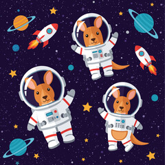 Kangaroos in astronaut suits explore colorful outer space with planets rockets and stars Fun adventure