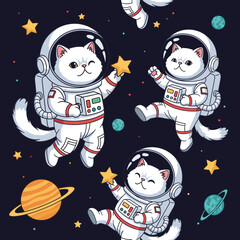 Playful astronaut cats explore space surrounded by stars and planets a whimsical adventure